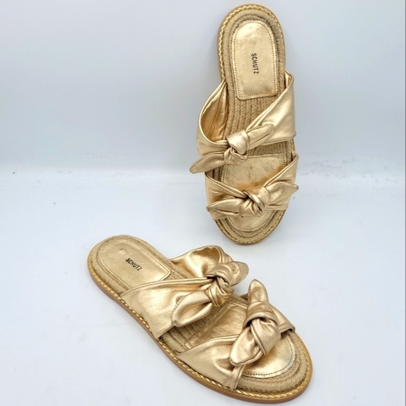 SCHUTZ Metallic Espadrille Slide Sandals Soft Gold Size 37. - Picture 5 of 16